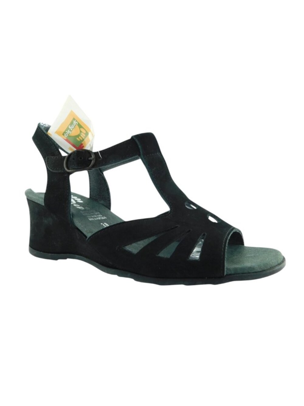 Unworn SPRING STEP Black Nubuck Leather T-Strap Wedge Heel Sandals 38